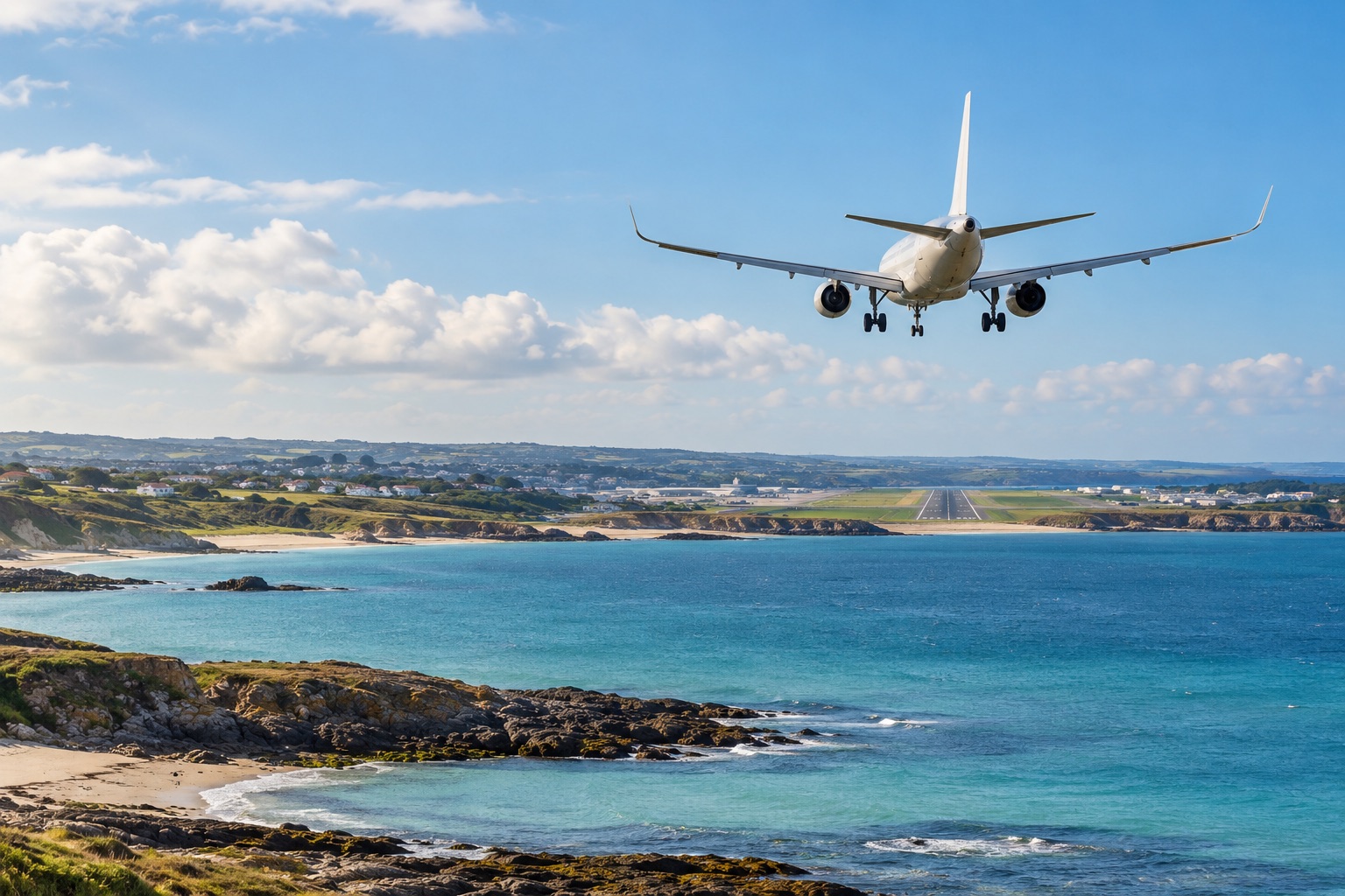 Passenger aeroplane approaching a coastal airport
