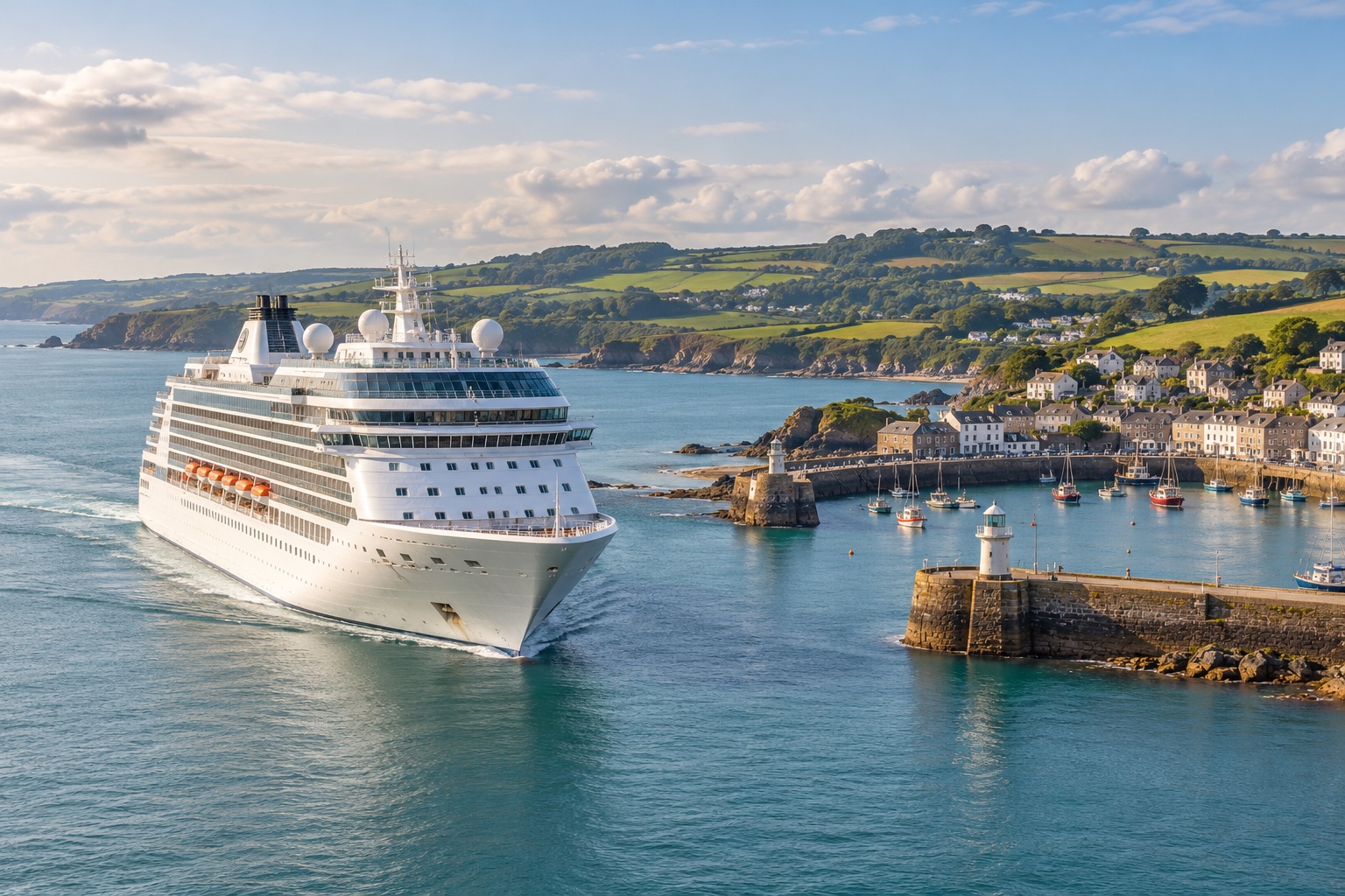 Cruise ship approaching a coastal harbour